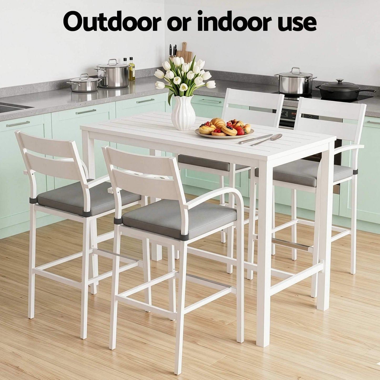 Alton | Modern Dark Grey White Metal Indoor Outdoor Bar Stool Set | 4 Seater | White