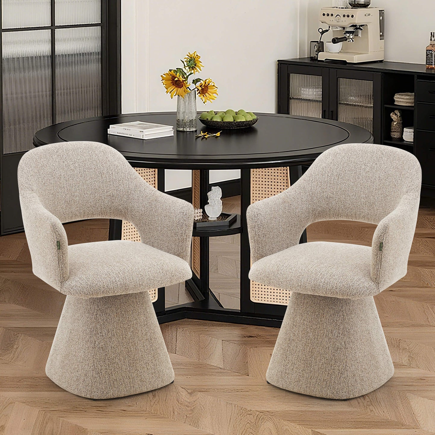 Arcadia | Modern 360 Swivel Desert Taupe Pine Green Fabric Dining Chair With Arms | Desert Taupe