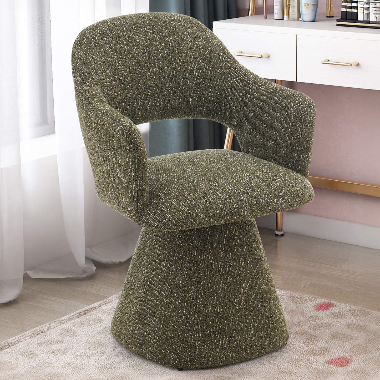 Arcadia | Modern 360 Swivel Desert Taupe Pine Green Fabric Dining Chair With Arms | Pine Green