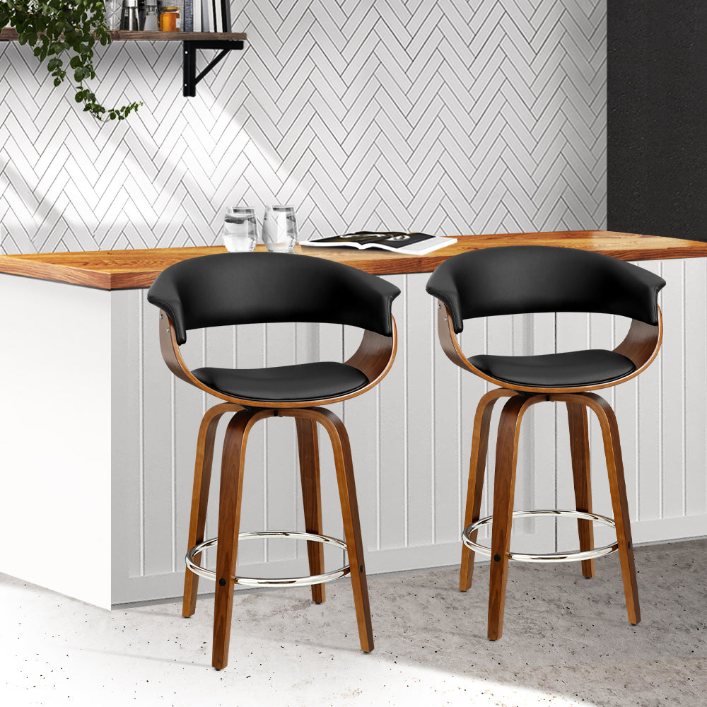 Bergen | Modern Swivel Walnut Wooden PU Leather Bar Stools | Set of 2
