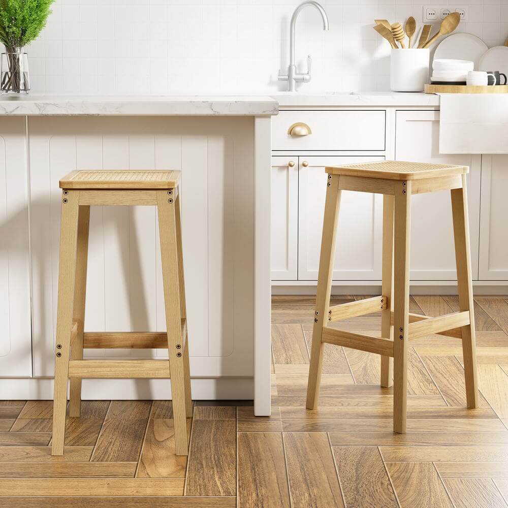 Coastal Natural Rattan Wooden Bar Stools | Set Of 2