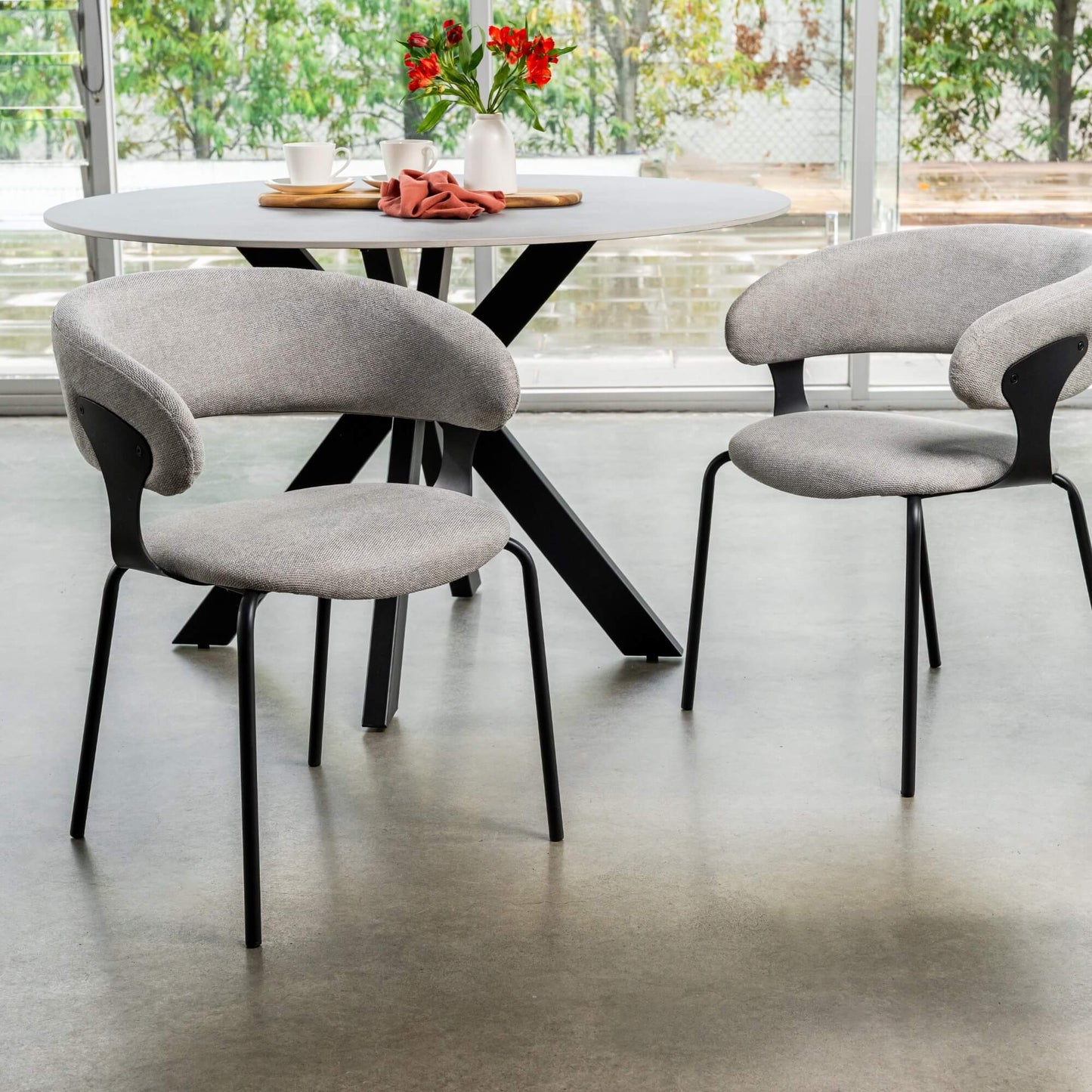Carmelle Modern Scandinavian Chenille Fabric Dining Chairs With Arms | Grey