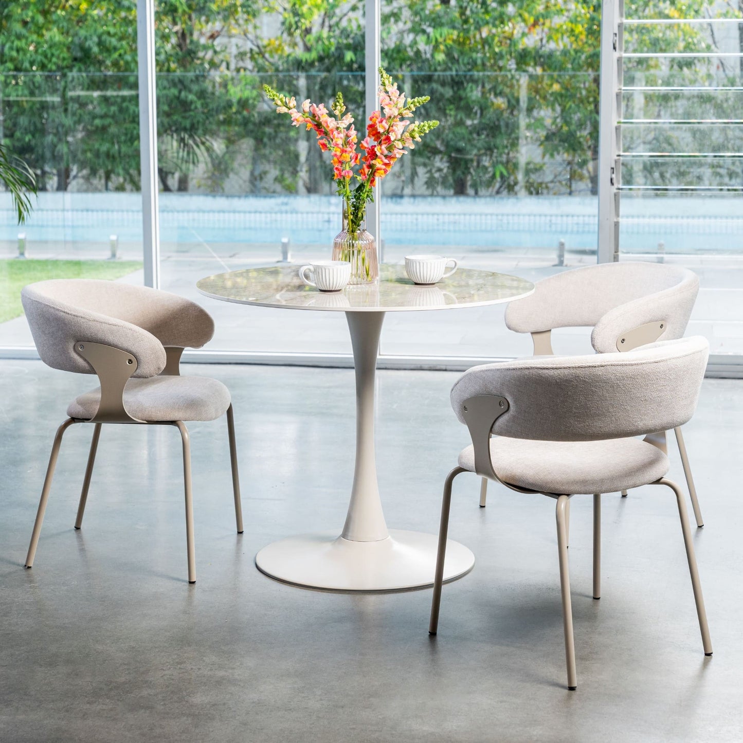 Carmelle Modern Scandinavian Chenille Fabric Dining Chairs With Arms | Latte