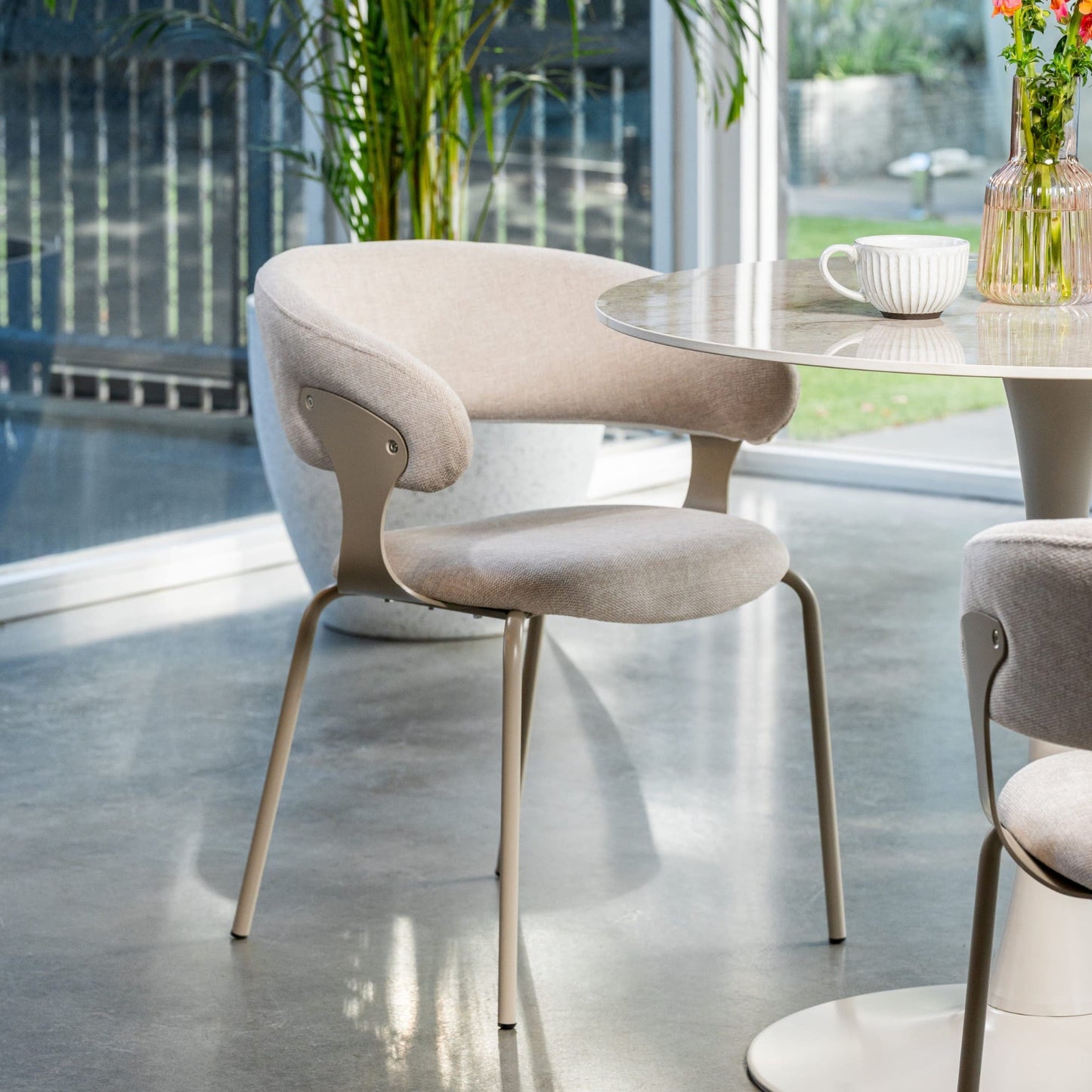 Carmelle Modern Scandinavian Chenille Fabric Dining Chairs With Arms | Latte