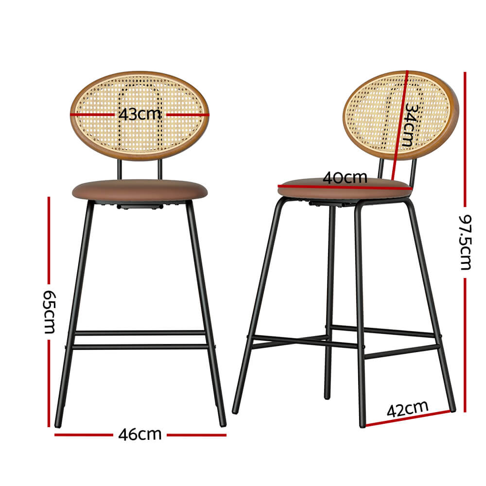 Contemporary Coastal Rattan Brown PU Leather Bar Stools