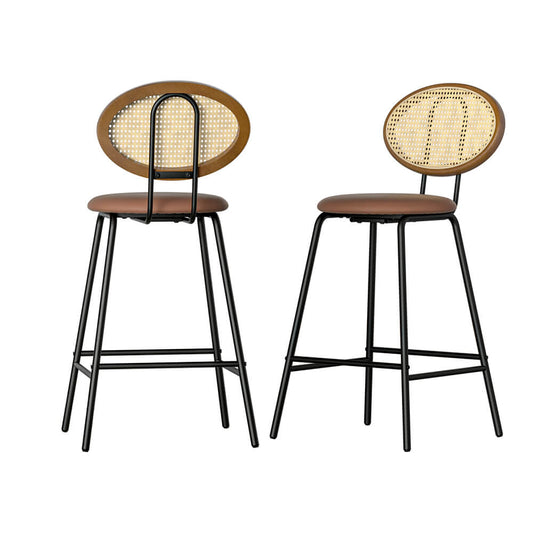 Contemporary Coastal Rattan Brown PU Leather Bar Stools