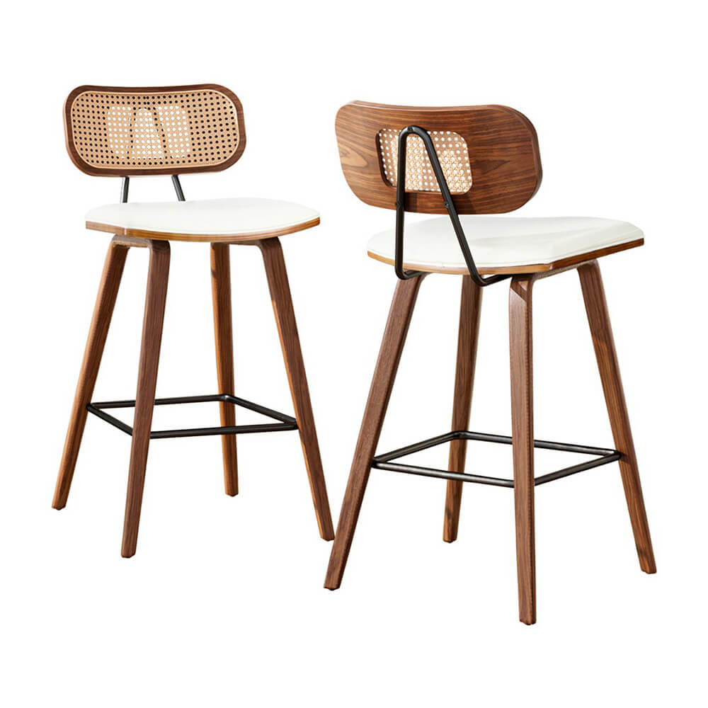 Natural Rattan Wooden 64cm Beige PU Leather Bar Stools | Set Of 2