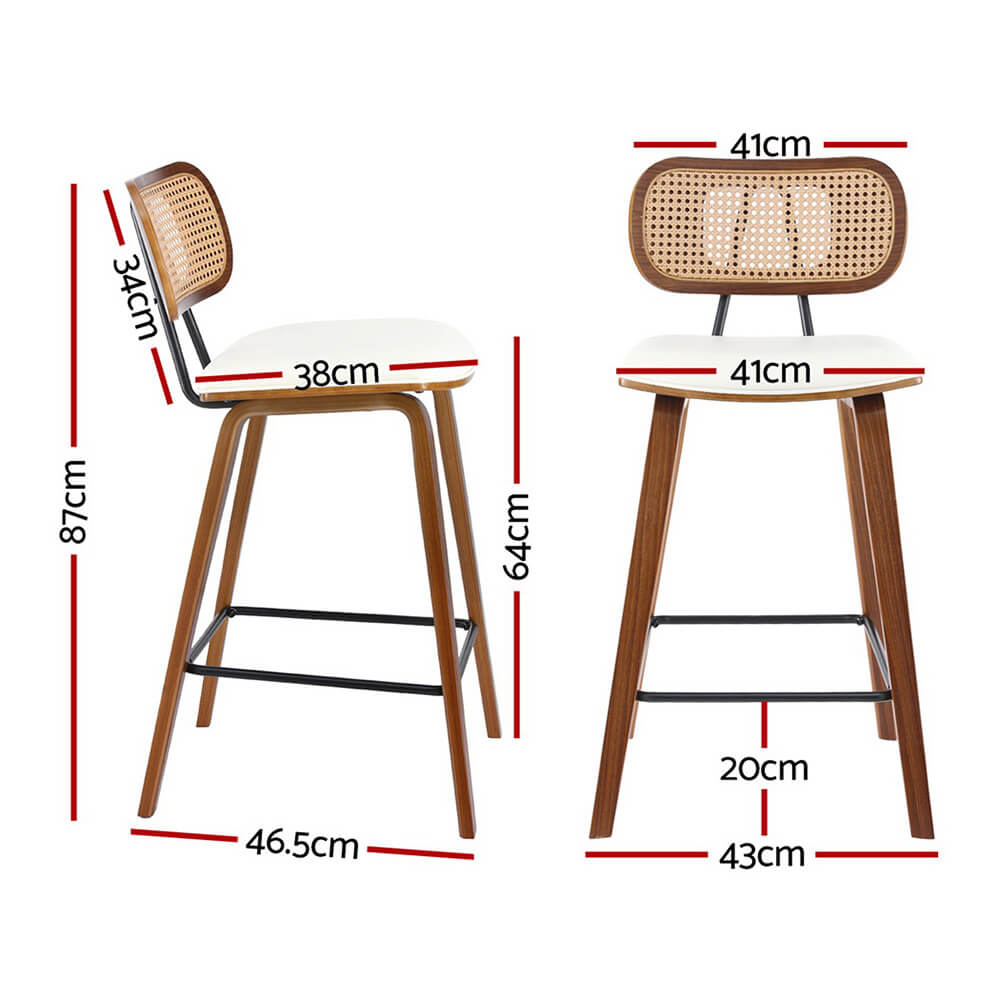 Natural Rattan Wooden 64cm Beige PU Leather Bar Stools | Set Of 2