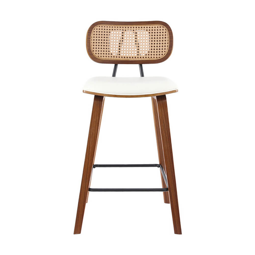 Natural Rattan Wooden 64cm Beige PU Leather Bar Stools | Set Of 2