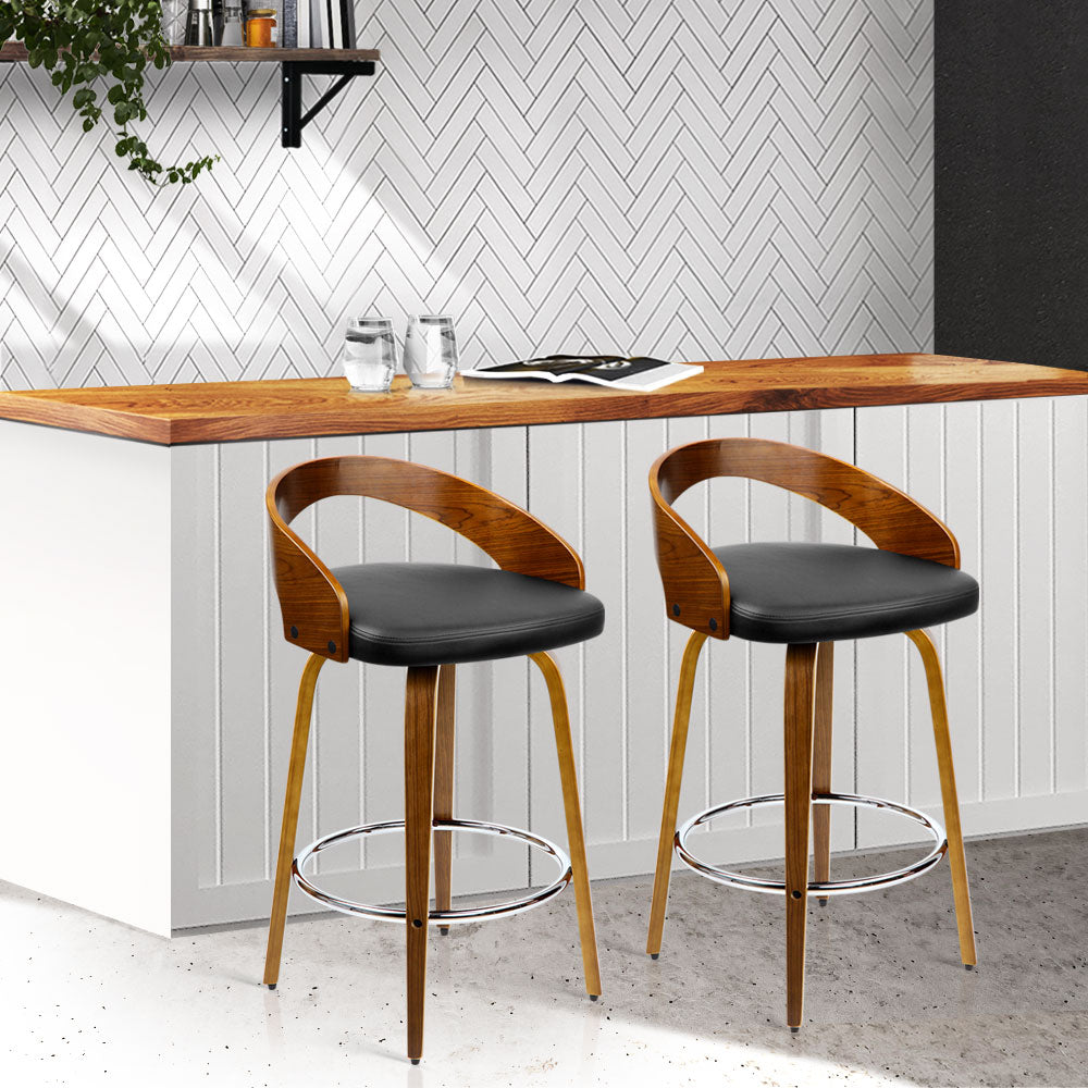 Epcon | Modern Swivel Walnut Wooden PU Leather Bar Stools | Set Of 2