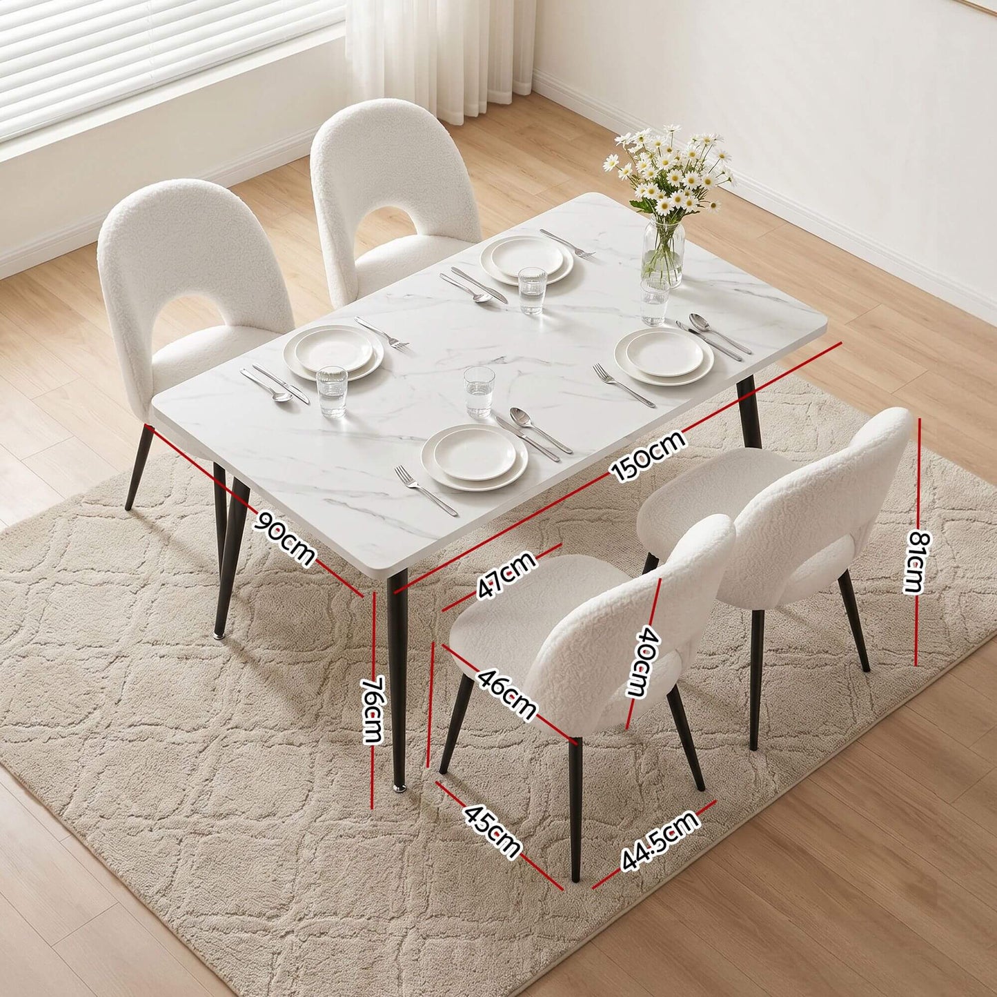 Fantome Harris | Modern White Boucle 1.5m Marble Effect White Black Dining Table Set | White