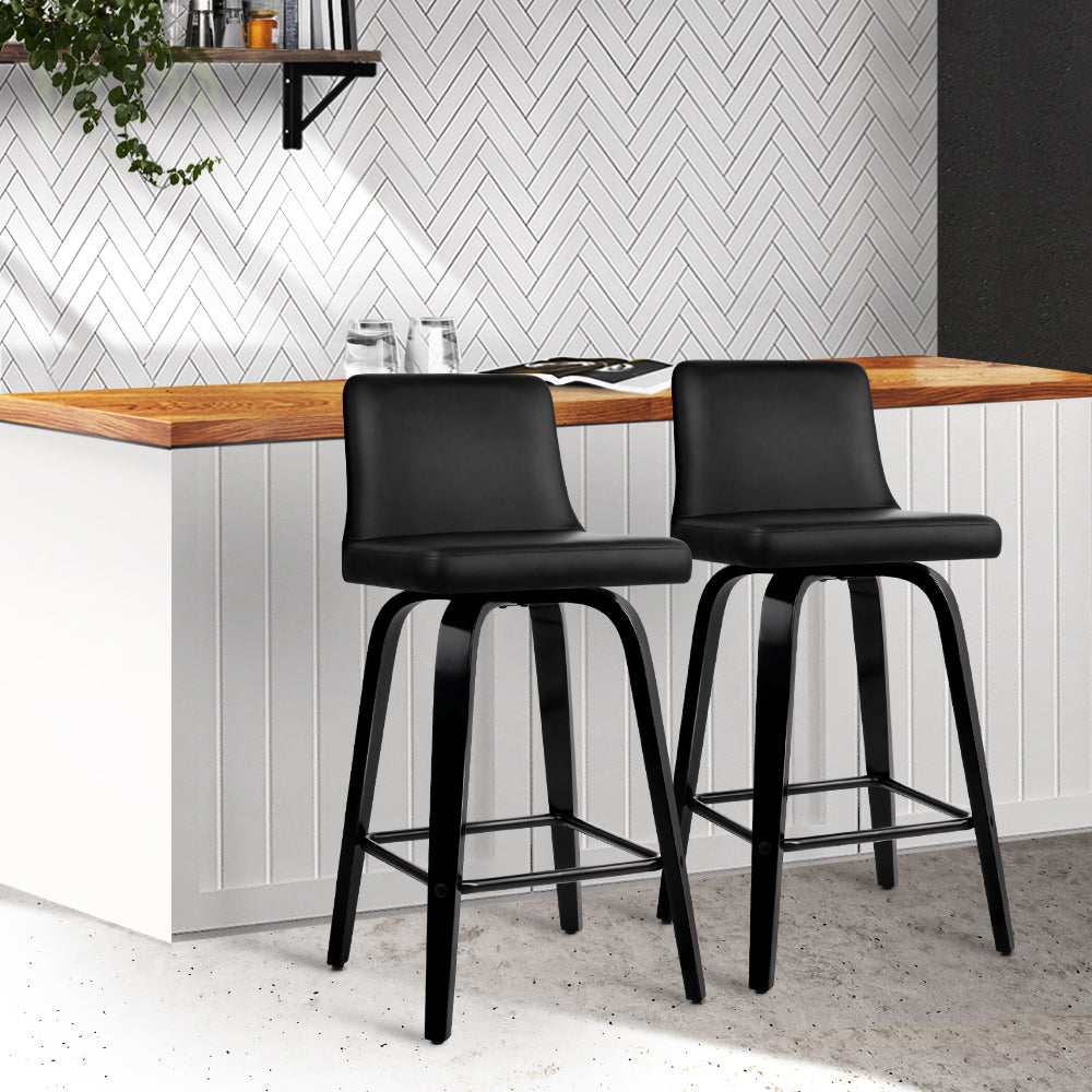 Forster | Modern Swivel Black PU Leather Wooden Bar Stools | Set Of 2