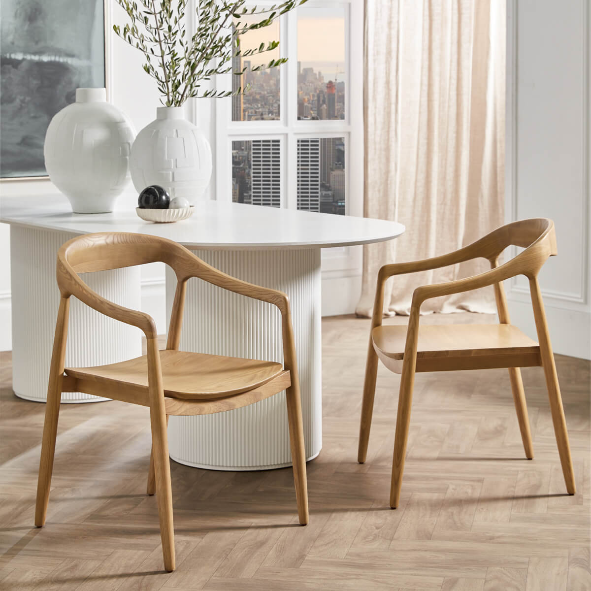 Mid-century Scandinavian Natural Wooden Dining Chairs With Arms