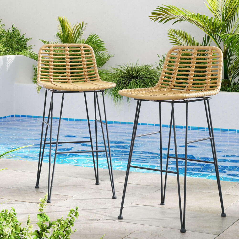 Metal Natural Rattan Outdoor Bar Stools Set Of 2