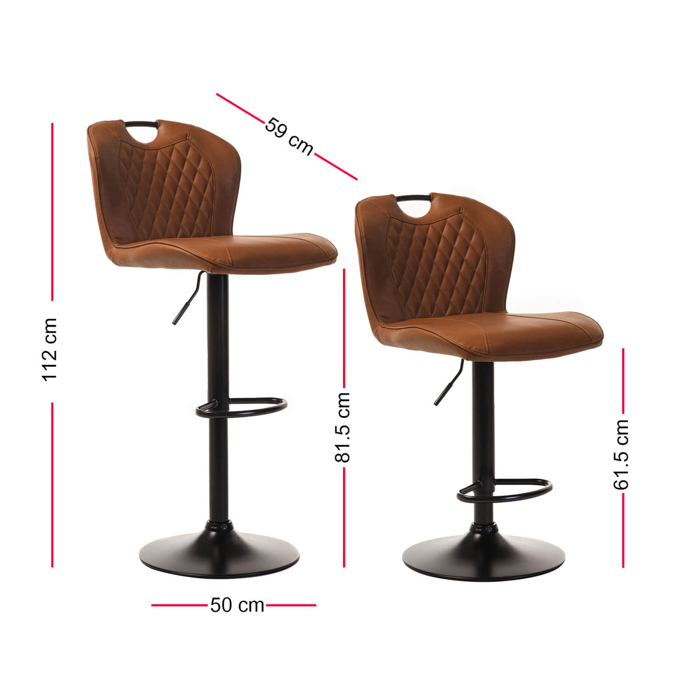 Hann | Metal Adjustable Modern PU Leather Bar Stools | Set Of 2 | Cognac