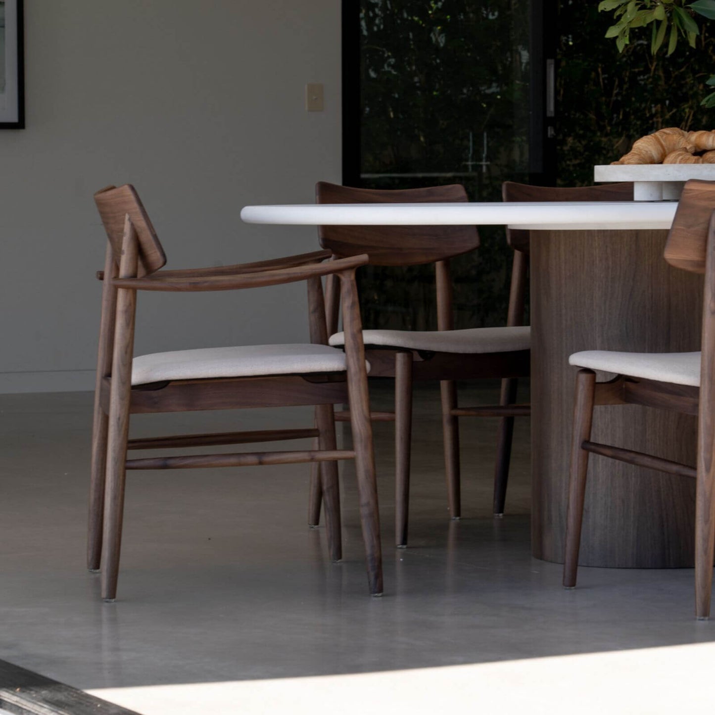 Hann | Scandinavian Coastal Natural Walnut Fabric Wooden Dining Chairs With Arms | Walnut