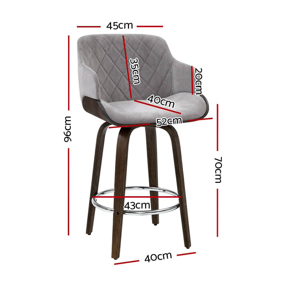 Jansen | Modern Grey Velvet Swivel Wooden Bar Stools With Arms | Set of 2 | Grey