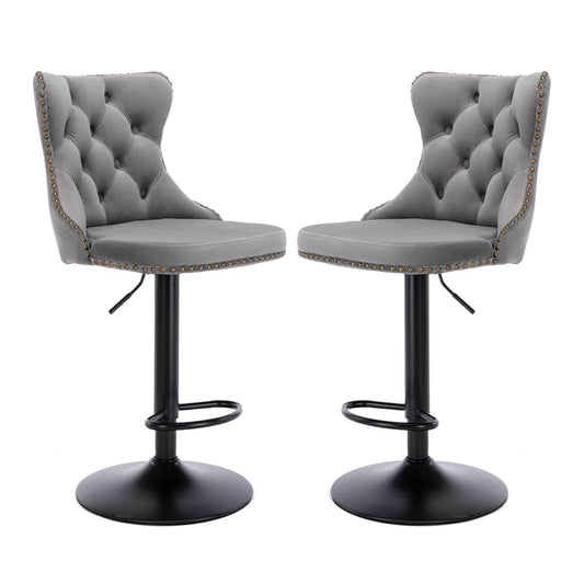 La Creas | Version 1 | French Provincial Velvet Metal Bar Stools | Set Of 2 | Grey