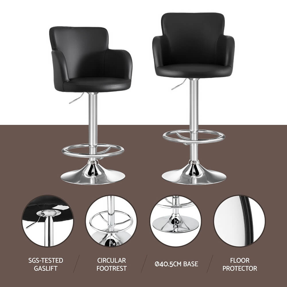 Adjustable Black PU Leather Bar Stools With Arms | Black