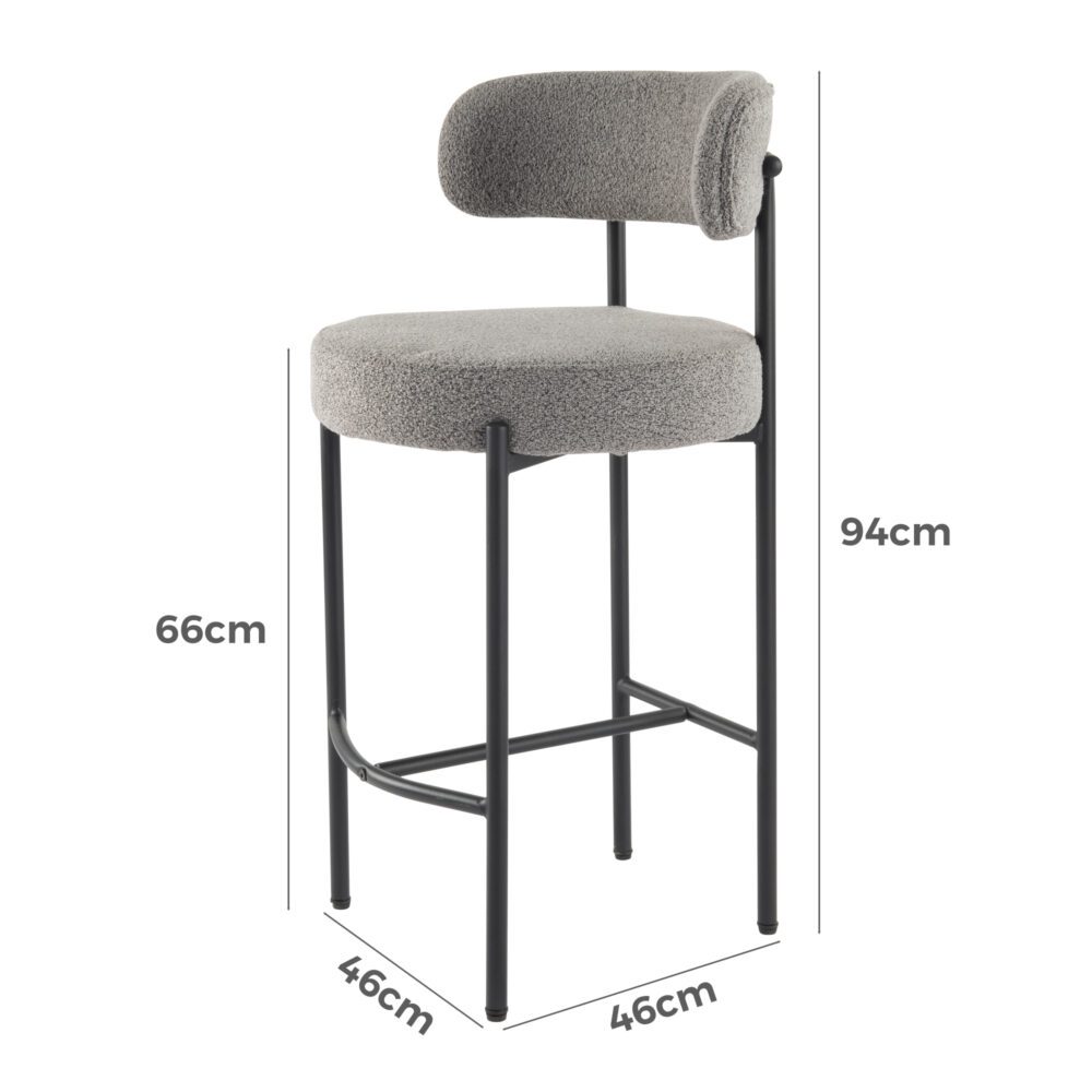 Napier | Modern Metal 66cm Grey Boucle Fabric Bar Stools | Set Of 2 | Grey