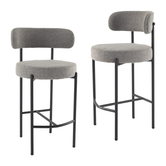 Napier | Modern Metal 66cm Grey Boucle Fabric Bar Stools | Set Of 2 | Grey