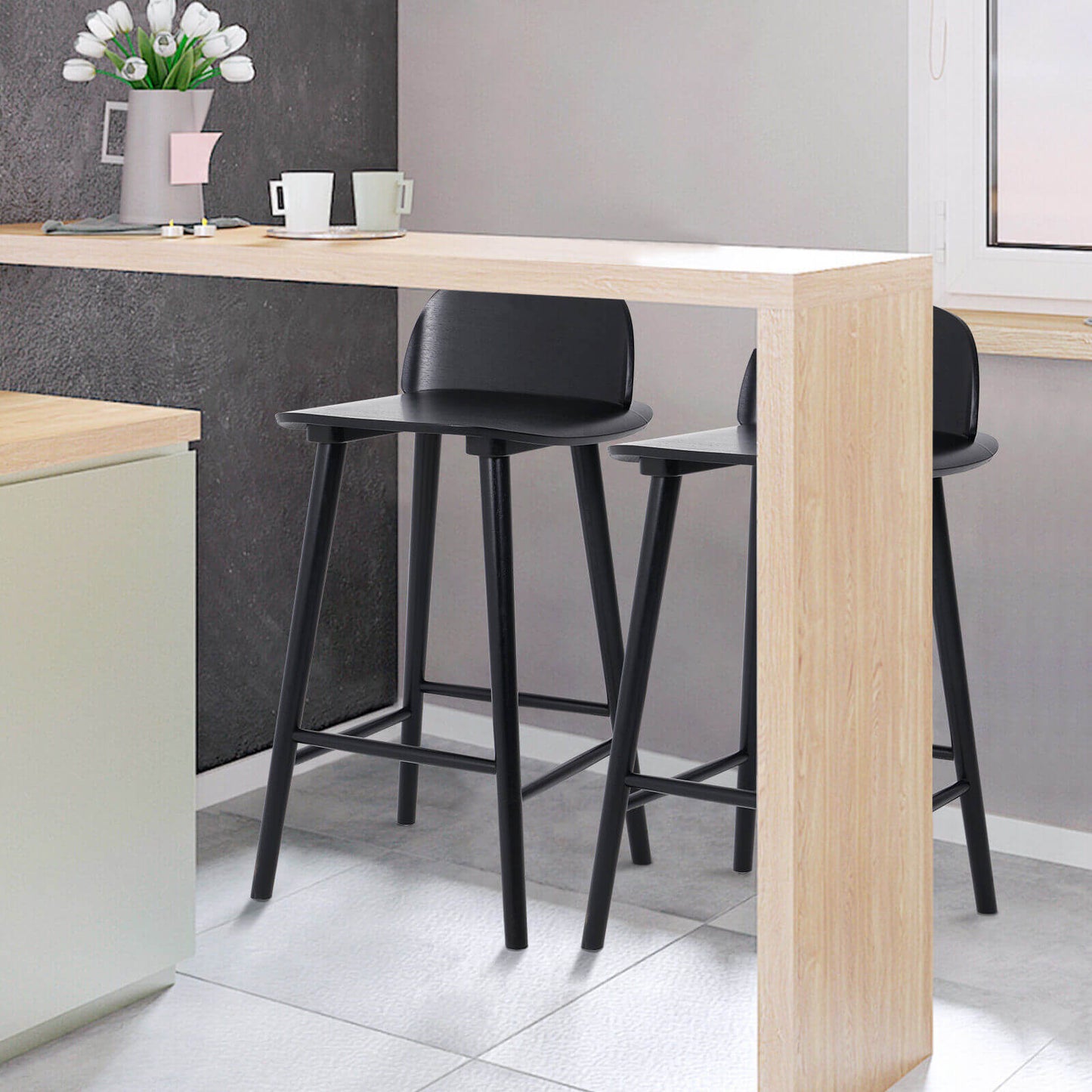 Black Modern Scandinavian Style 65cm Wooden Bar Stools | Black