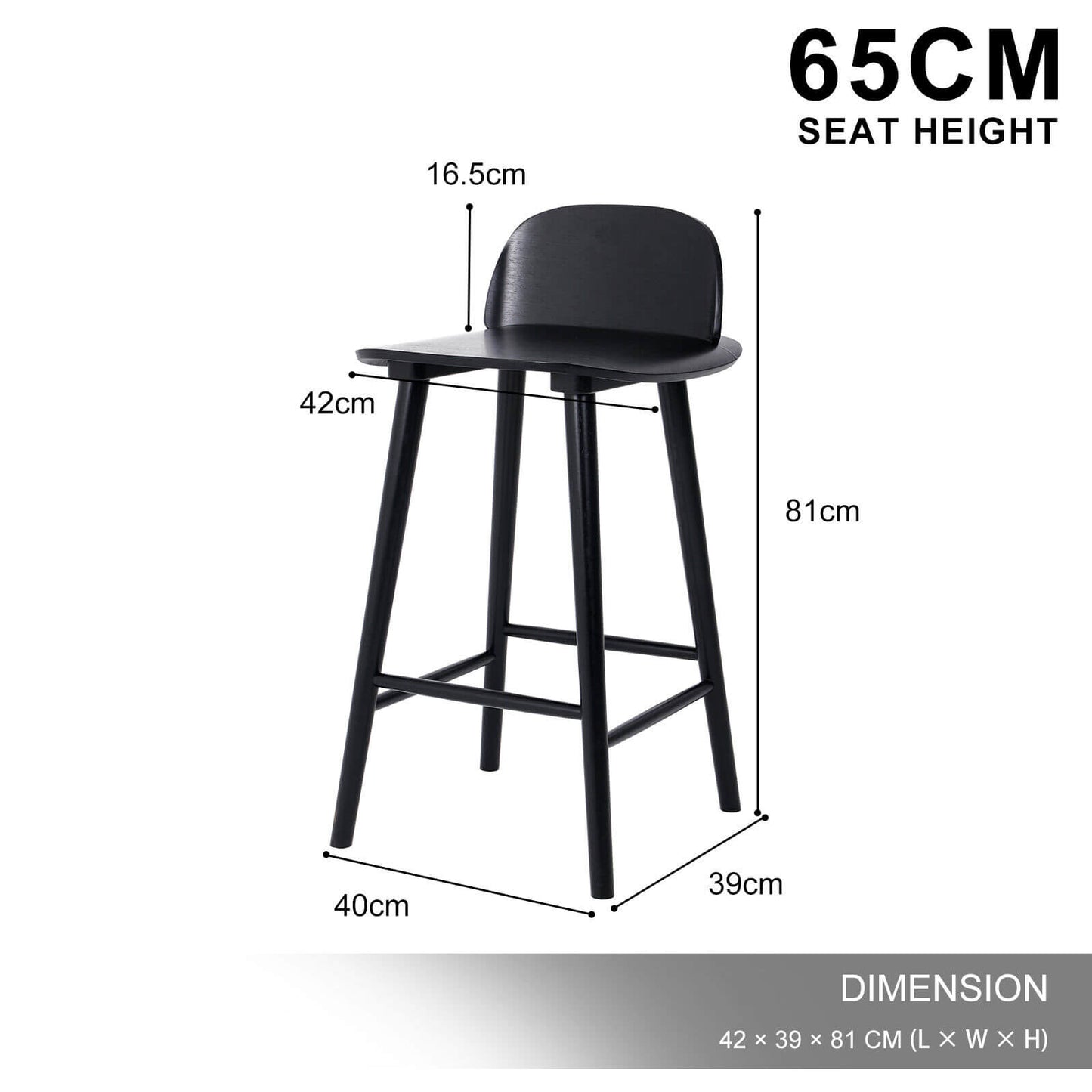 Black Modern Scandinavian Style 65cm Wooden Bar Stools | Black