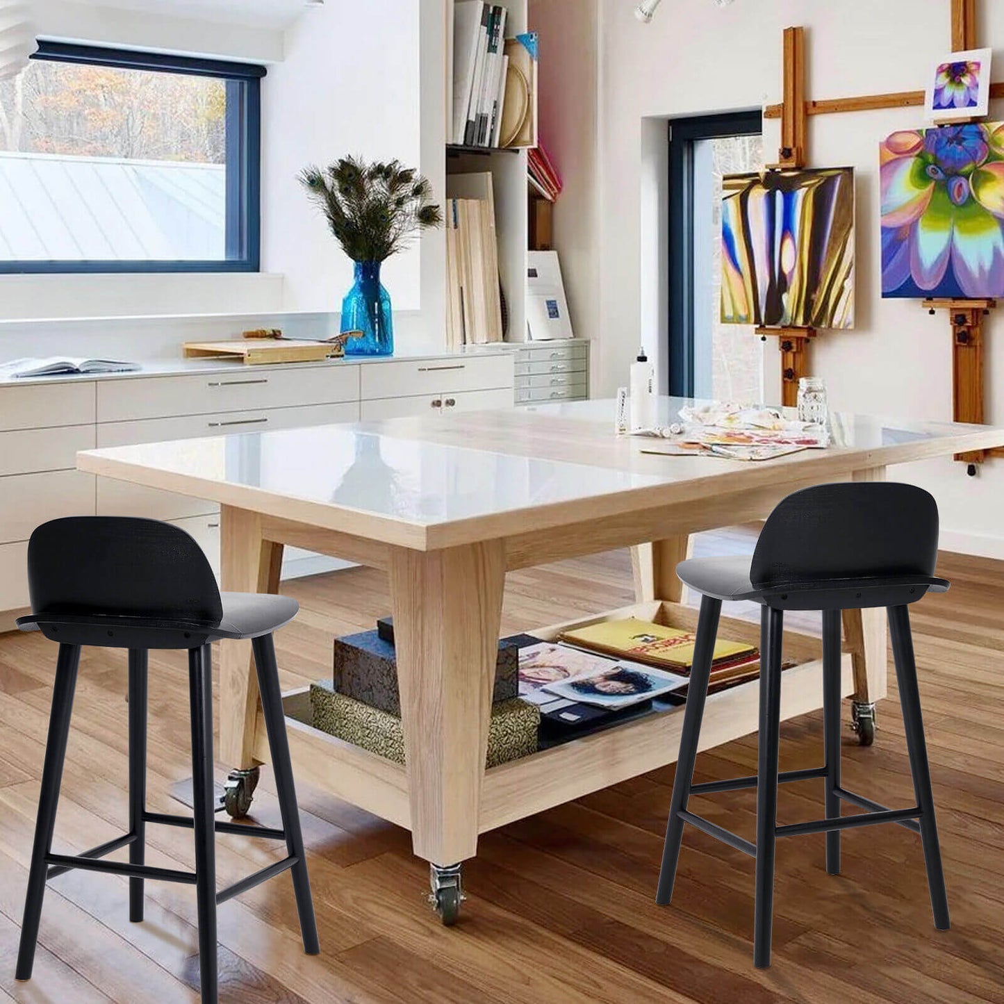 Black Modern Scandinavian Style 65cm Wooden Bar Stools | Black
