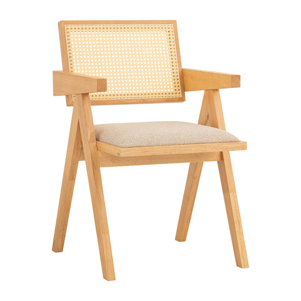 Beige Natural Rattan Wooden Dining Chair With Arms