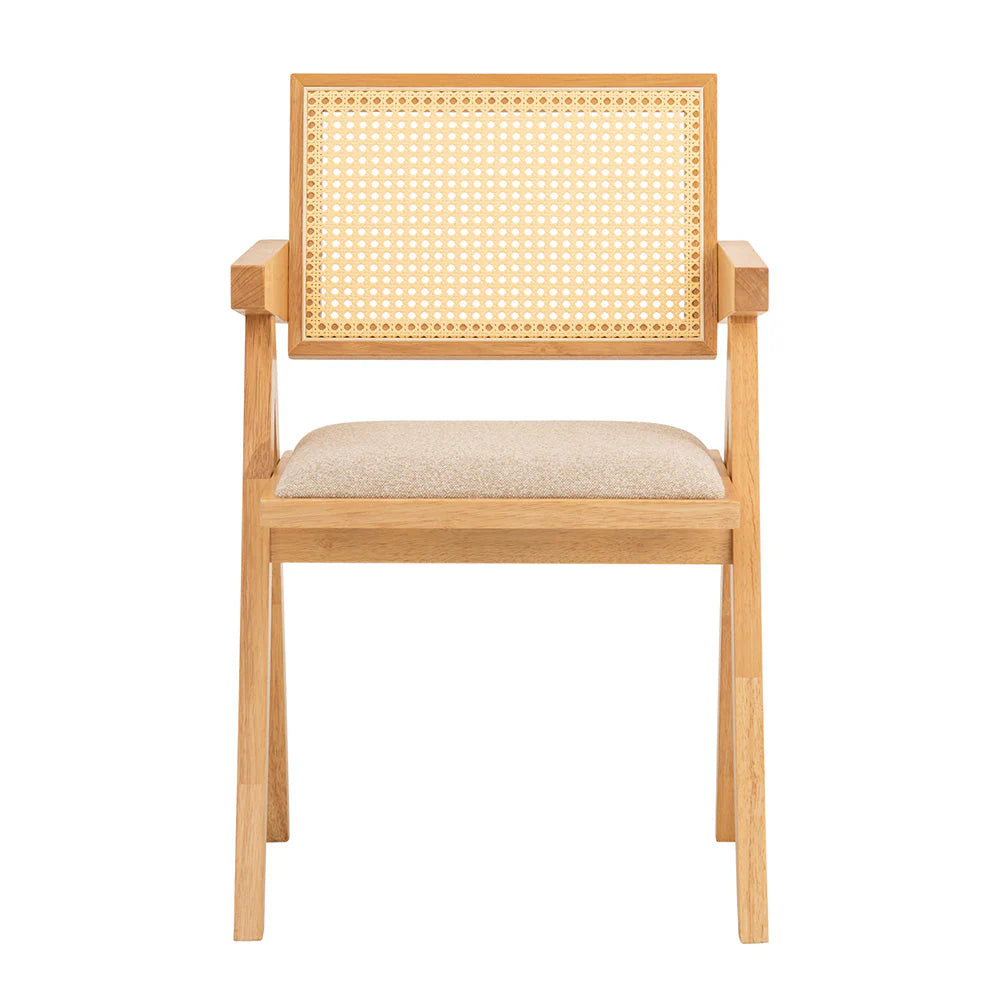Beige Natural Rattan Wooden Dining Chair With Arms