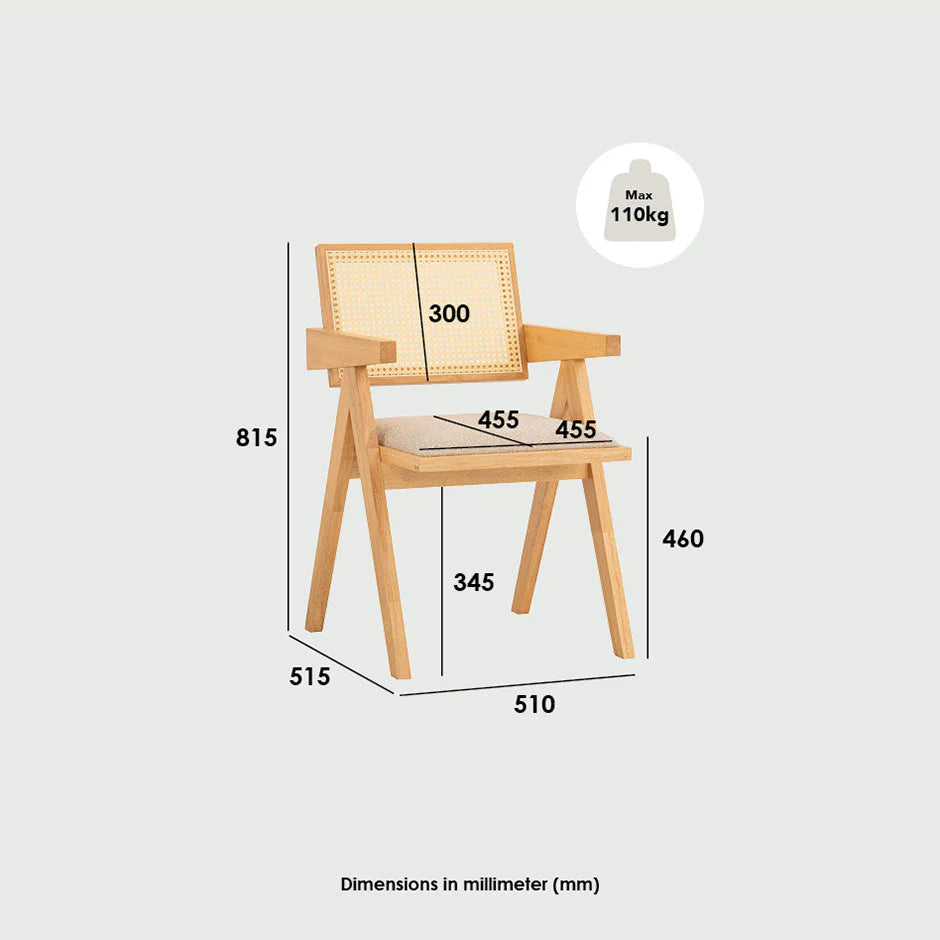 Beige Natural Rattan Wooden Dining Chair With Arms