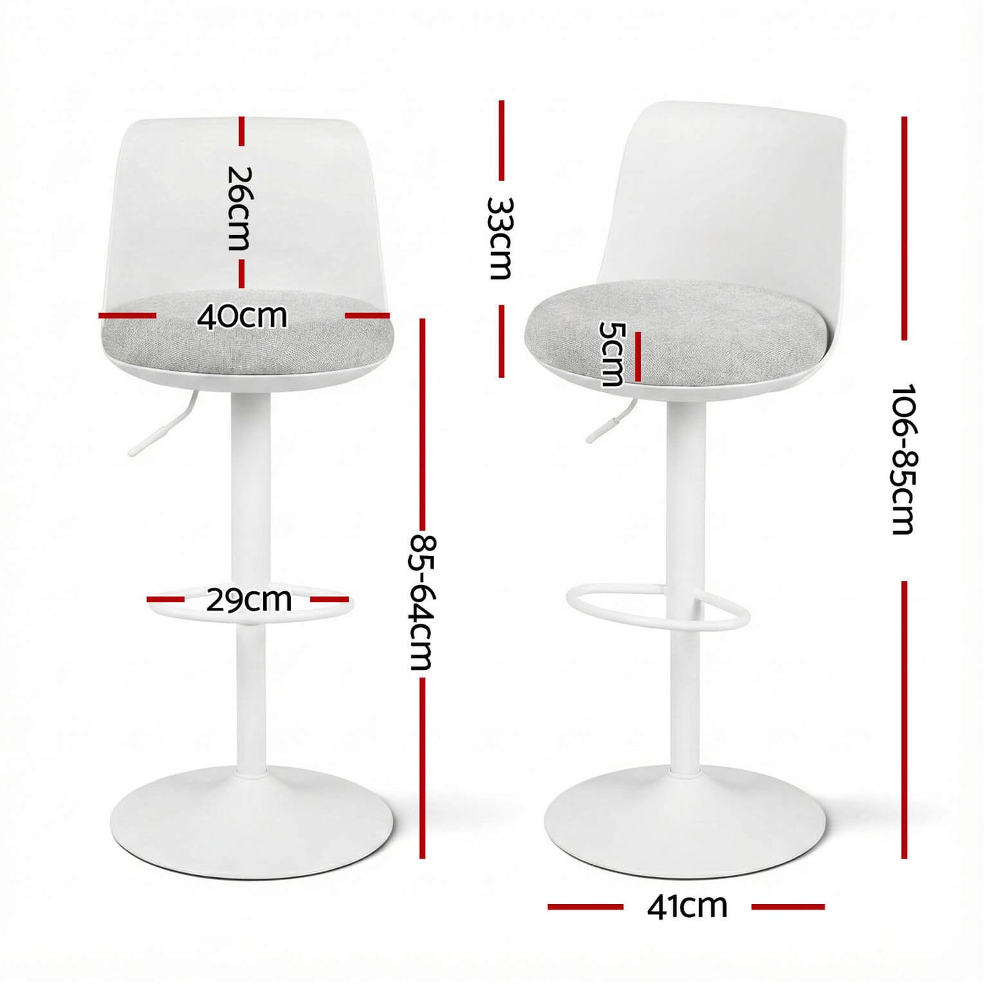 Robinvale | Modern Adjustable White Metal PU Grey Fabric Bar Stools | White