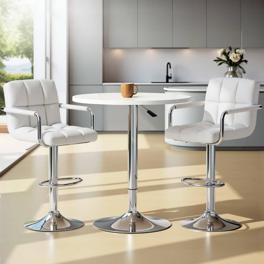 Ronan Giles | Black White PU Leather Adjustable Contemporary Wooden Bar Stool Set | White
