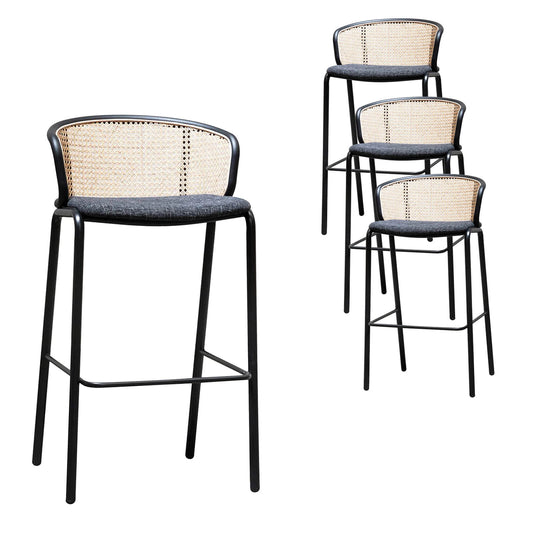 Seabreeze | Modern Metal Coastal Rattan Bar Stools | Set Of 4 | Grey