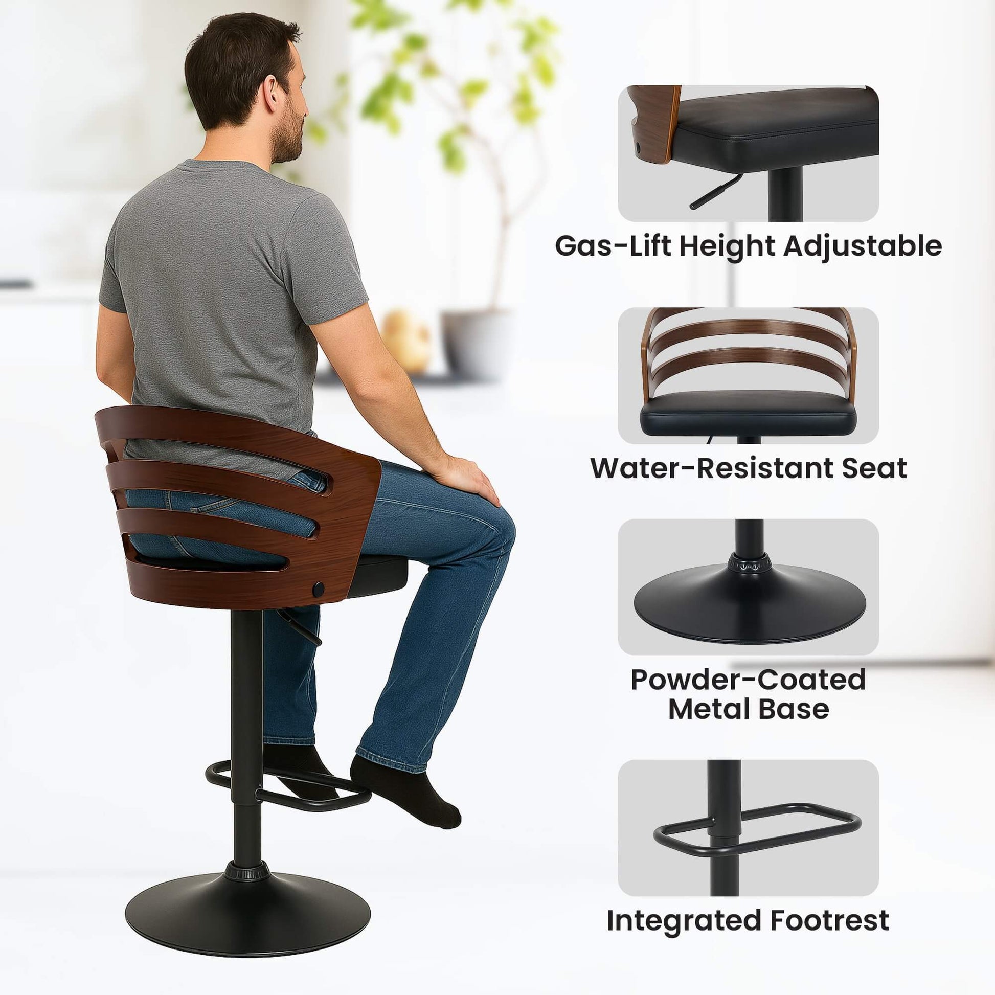 Modern Adjustable Black Walnut PU Leather Walnut Wooden Bar Stool | Brown