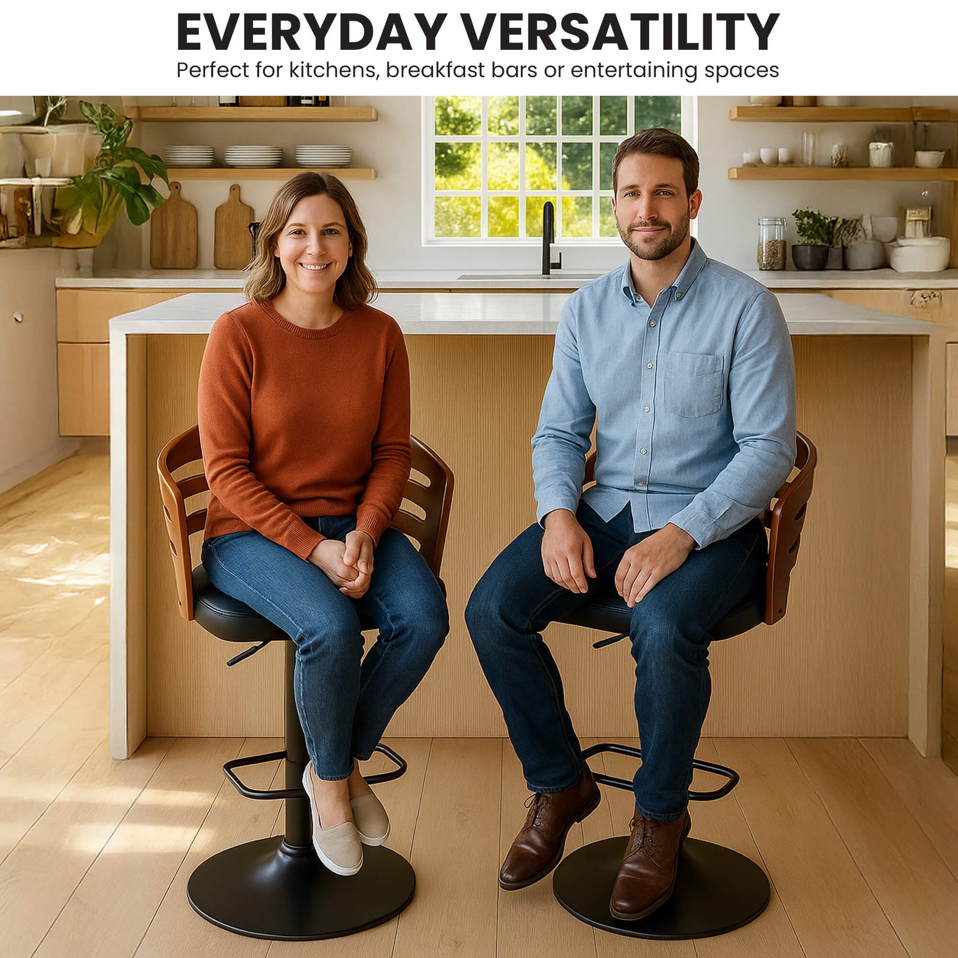 Modern Adjustable Black Walnut PU Leather Walnut Wooden Bar Stool | Brown