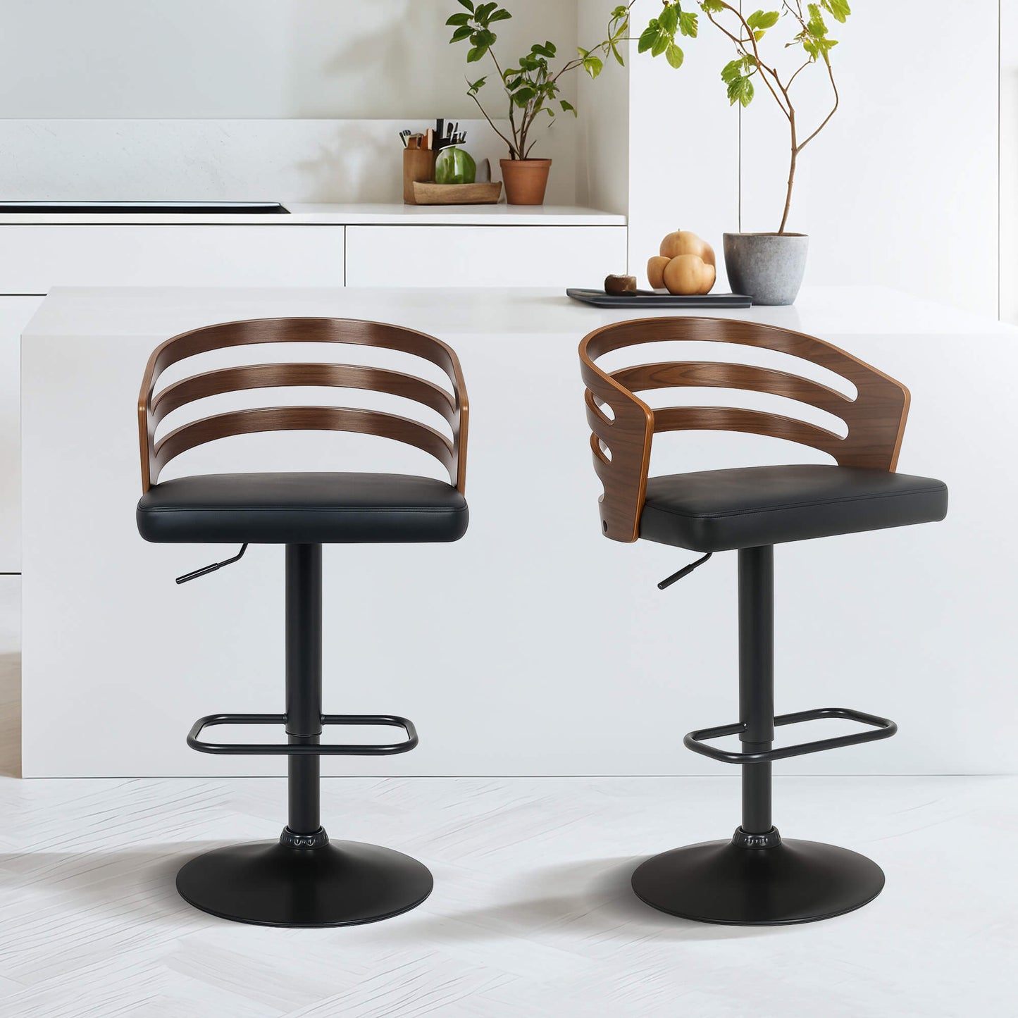 Modern Adjustable Black Walnut PU Leather Walnut Wooden Bar Stool | Brown