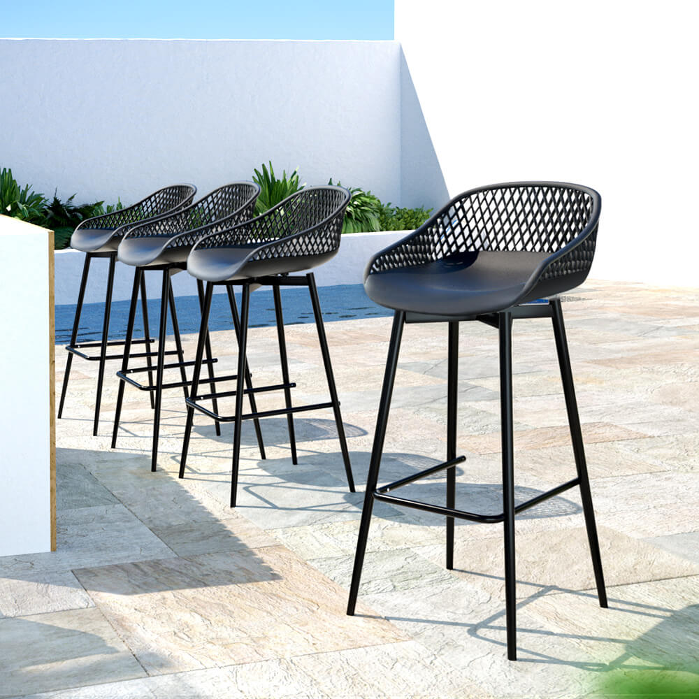Whitsunday | Plastic Metal Black Outdoor Bar Stools | Set Of 4 | Black