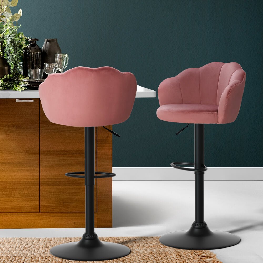 Ambrose | Modern Metal Velvet Swivel Bar Stools | Set Of 2 | Pink