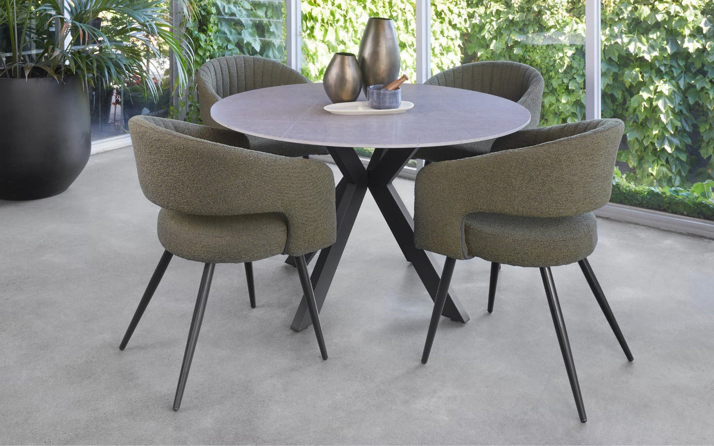 Renwick | Boucle Modern Metal Fabric Dining Chairs | Set Of 2 | Olive Green