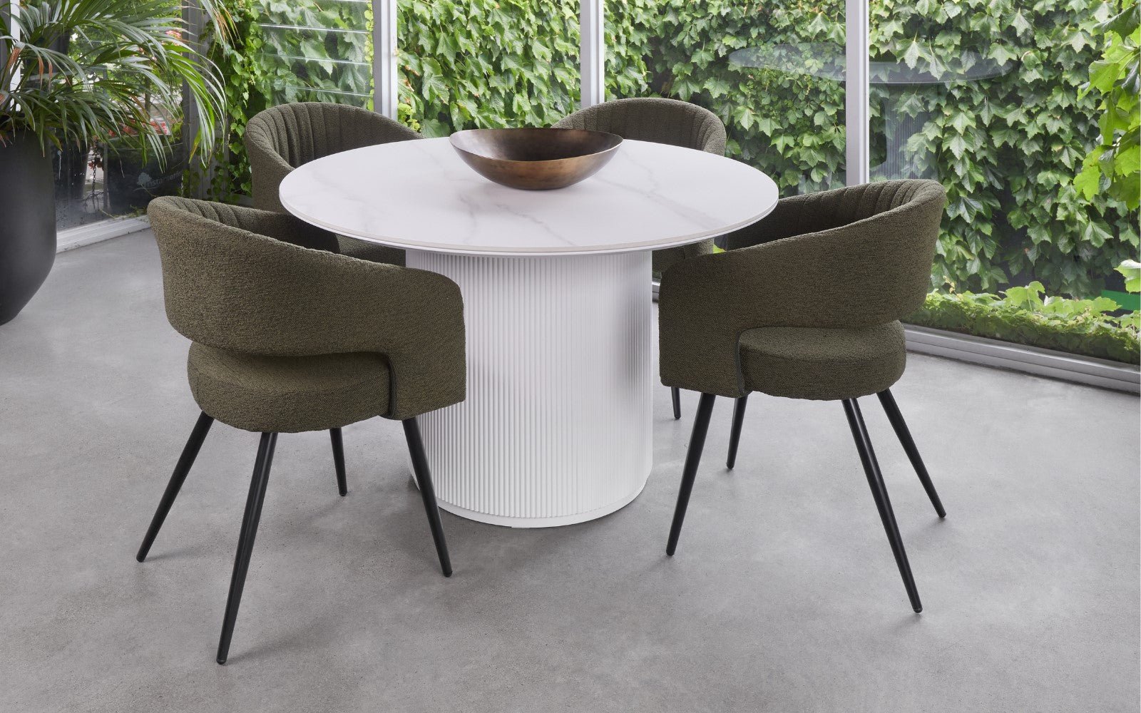 Renwick | Boucle Modern Metal Fabric Dining Chairs | Set Of 2 |Olive Green