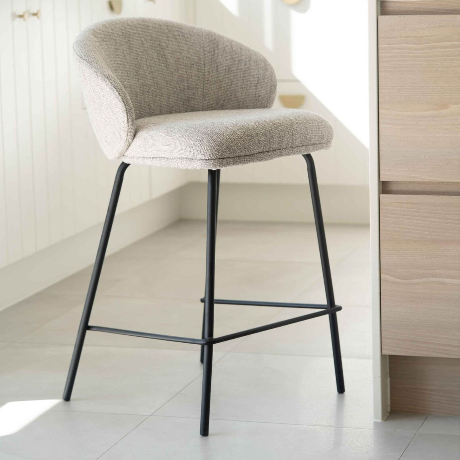 Atrium | Coastal Black Metal Natural Fabric Bar Stools | Pebble With Black