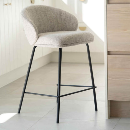 Atrium | Coastal Black Metal Natural Fabric Bar Stools | Pebble With Black