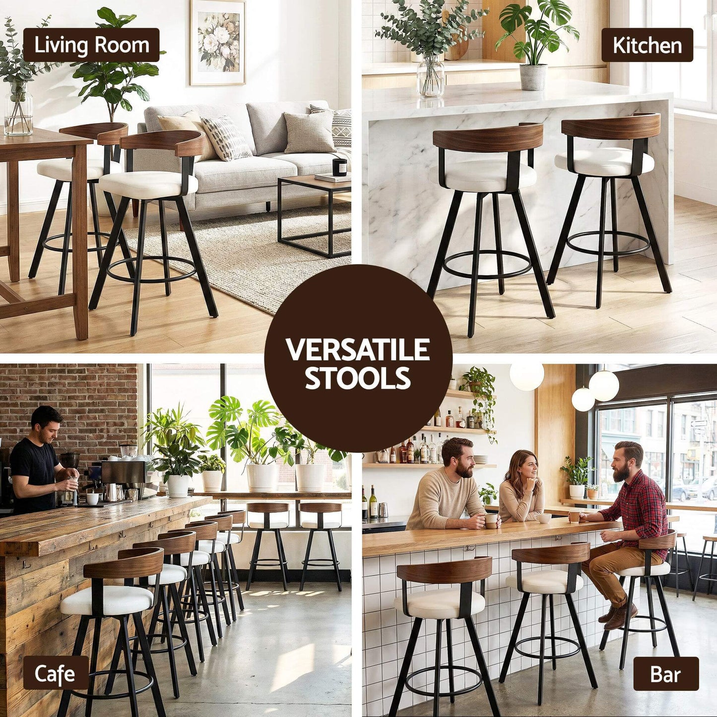 Alto | Modern Metal Swivel Counter Walnut Bentwood White PU Leather Bar Stools | White