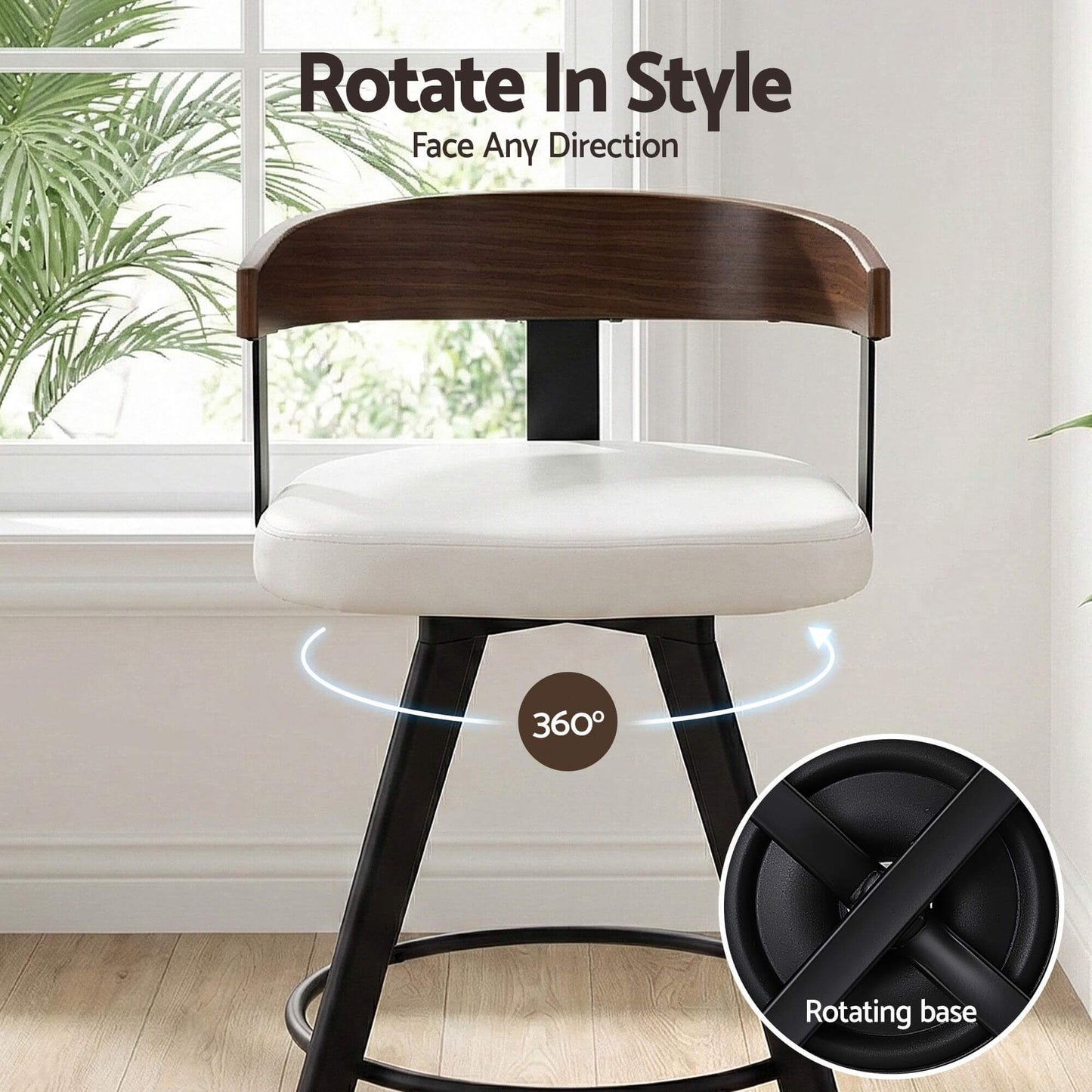 Alto | Modern Metal Swivel Counter Walnut Bentwood White PU Leather Bar Stools | White