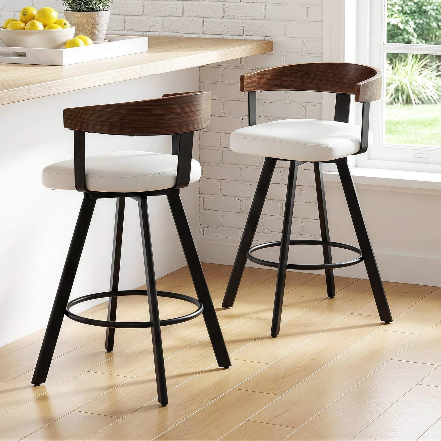 Alto | Modern Metal Swivel Counter Walnut Bentwood White PU Leather Bar Stools | White