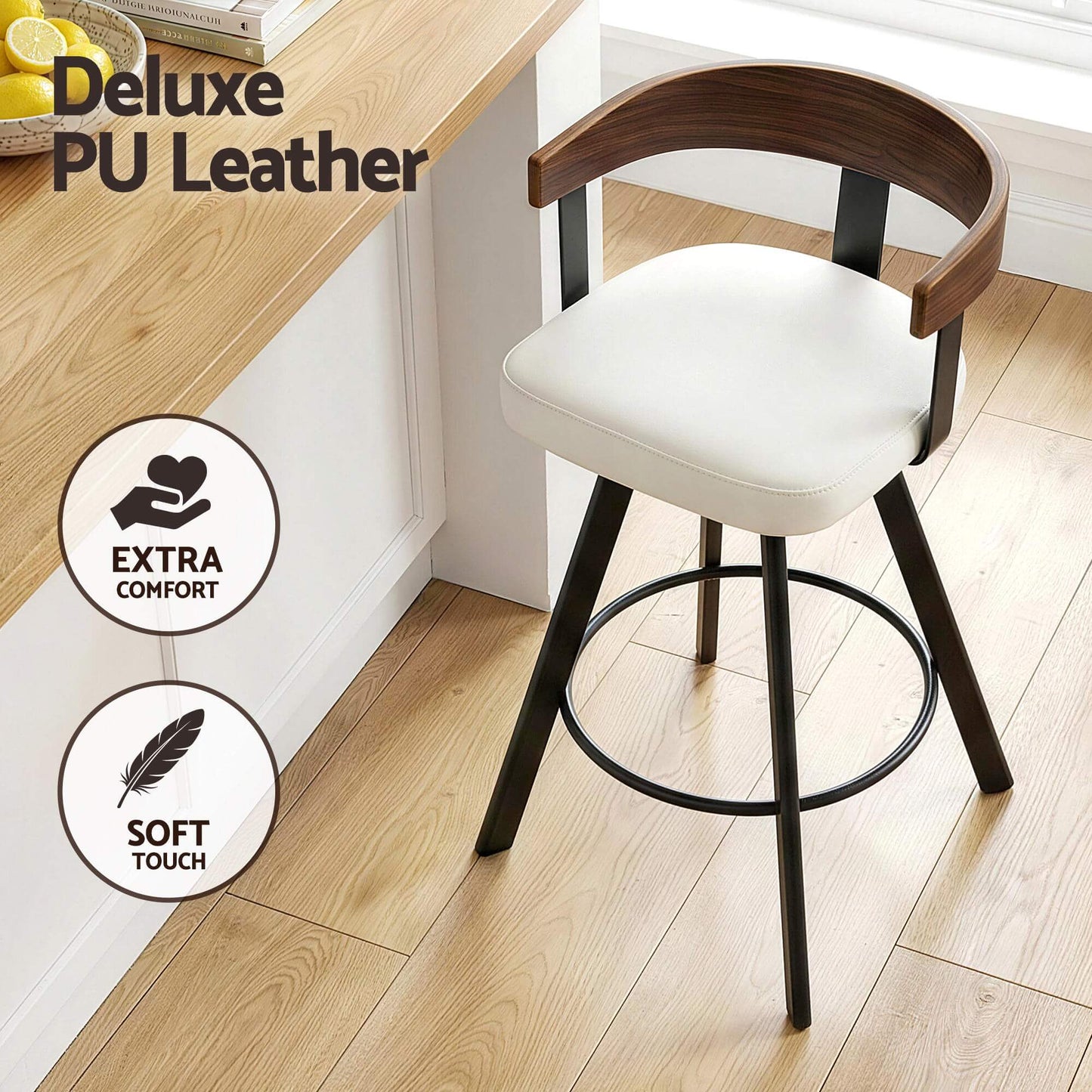 Alto | Modern Metal Swivel Counter Walnut Bentwood White PU Leather Bar Stools | White