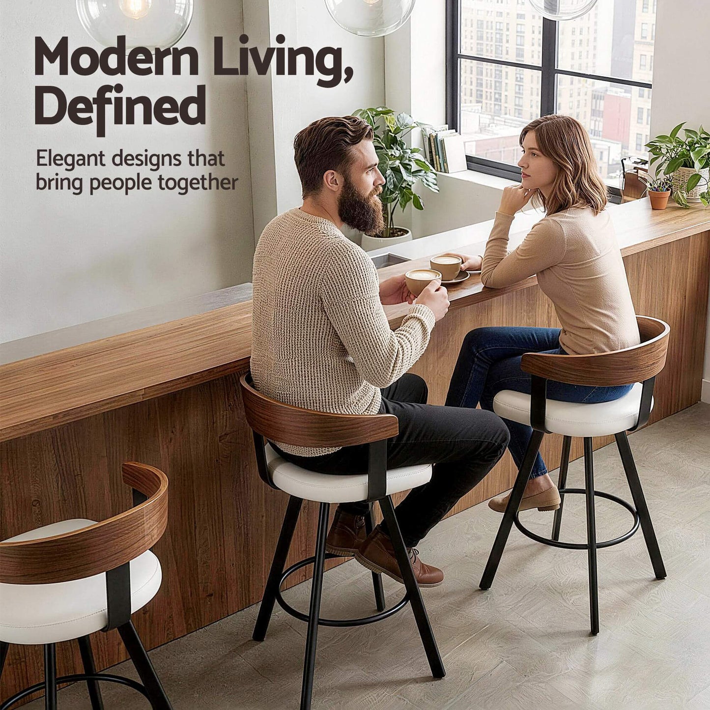 Alto | Modern Metal Swivel Counter Walnut Bentwood White PU Leather Bar Stools | White