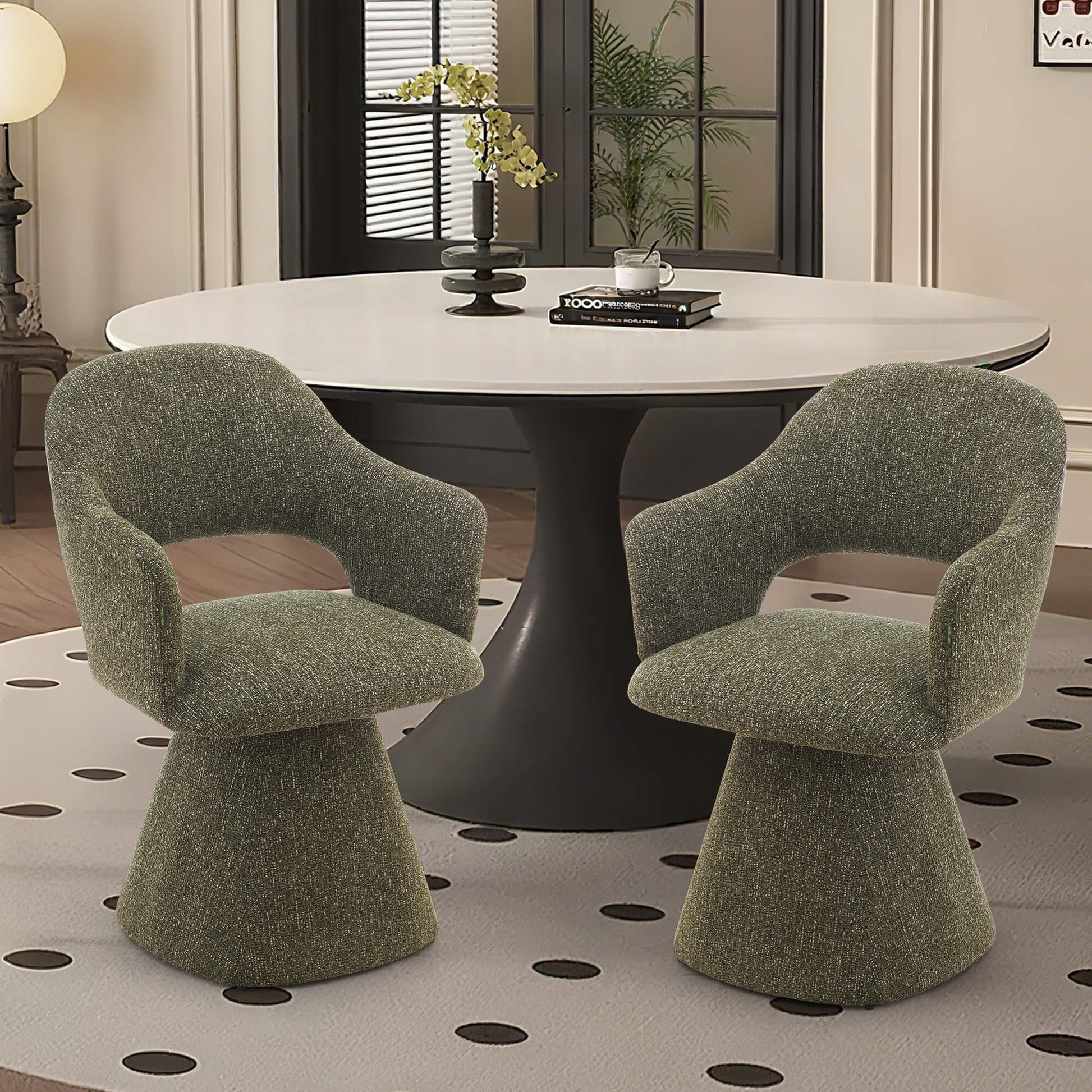 Arcadia | Modern 360 Swivel Desert Taupe Pine Green Fabric Dining Chair With Arms | Pine Green