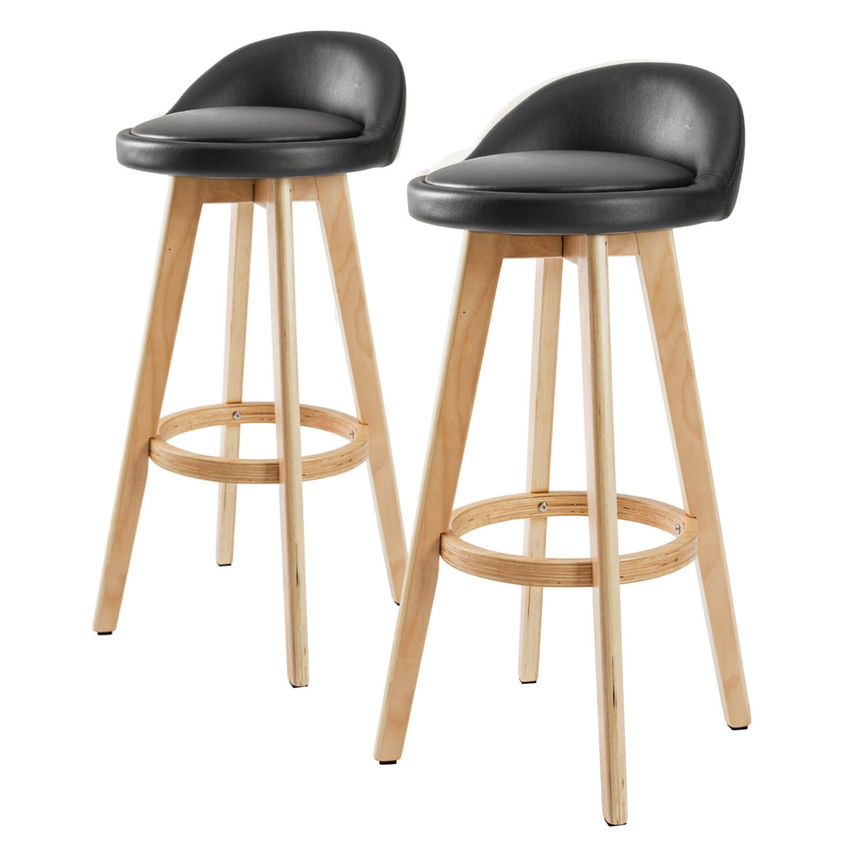 Arthouse | Mid-century Scandinavian Grey Beige Black PU Leather Fabric Wooden Bar Stools | Set Of 2 | Black